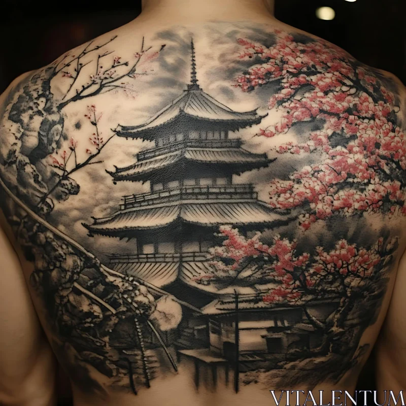 Traditional Japanese Back Tattoo with Pagoda and Cherry Blossoms AI Image