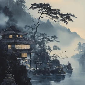Peaceful Waterside Temple in Misty Mountains