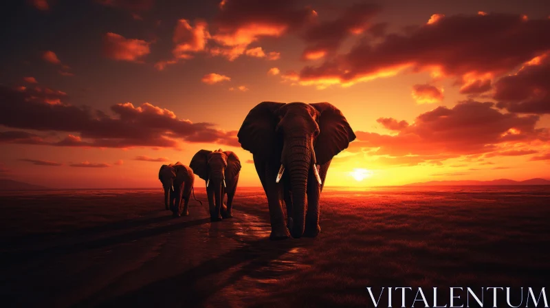 Photorealistic Journey of Elephants at Sunset AI Image