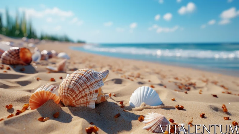 Serene Beach Scene with Seashells and Trees Wallpaper AI Image