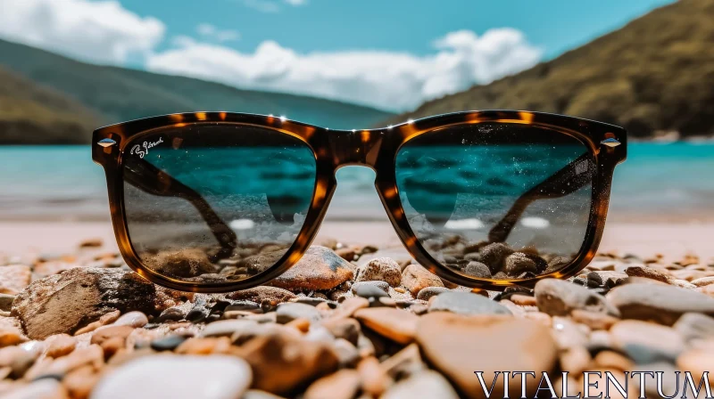 Serenity on the Beach: Brown Sunglasses Reflecting the Bright Blue Sea AI Image