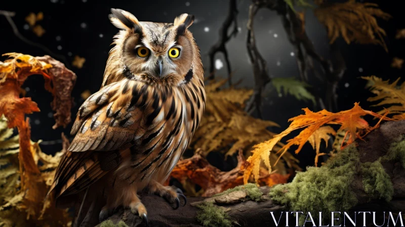 Two-faced Owl Amidst Autumn Leaves at Night - Photo-realistic Art AI Image