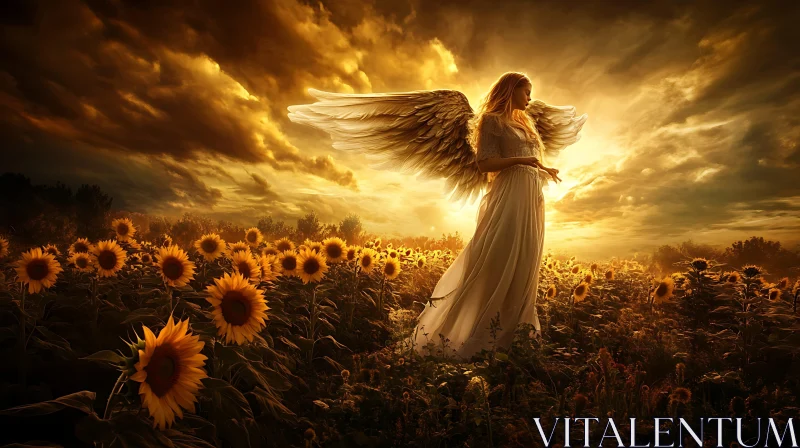 Golden Angel Among Sunflowers AI Image