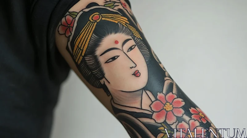 Traditional Geisha Arm Tattoo with Floral Elements AI Image