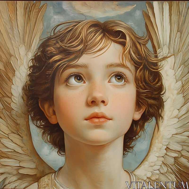 Hopeful Gaze: Angelic Child with Feathered Wings AI Image