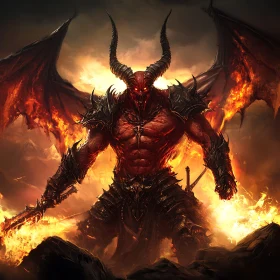 Crimson Demon with Sword and Wings