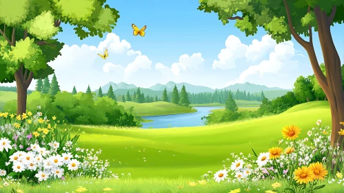 Scenic Green Field with Flowers and Butterflies