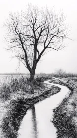 Solitary Winter Tree and Stream