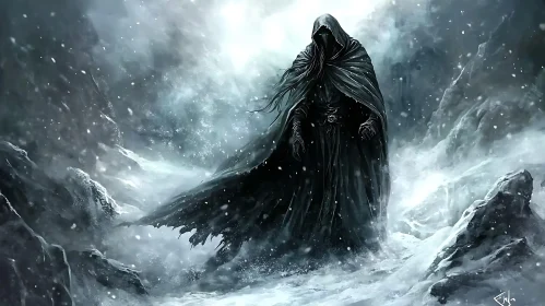 Dark Figure in Winter Landscape