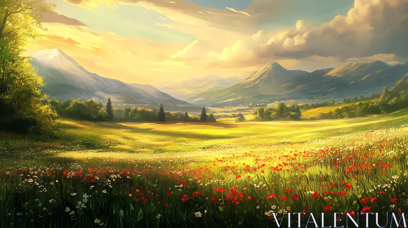 Idyllic Flower Field Mountain View AI Image