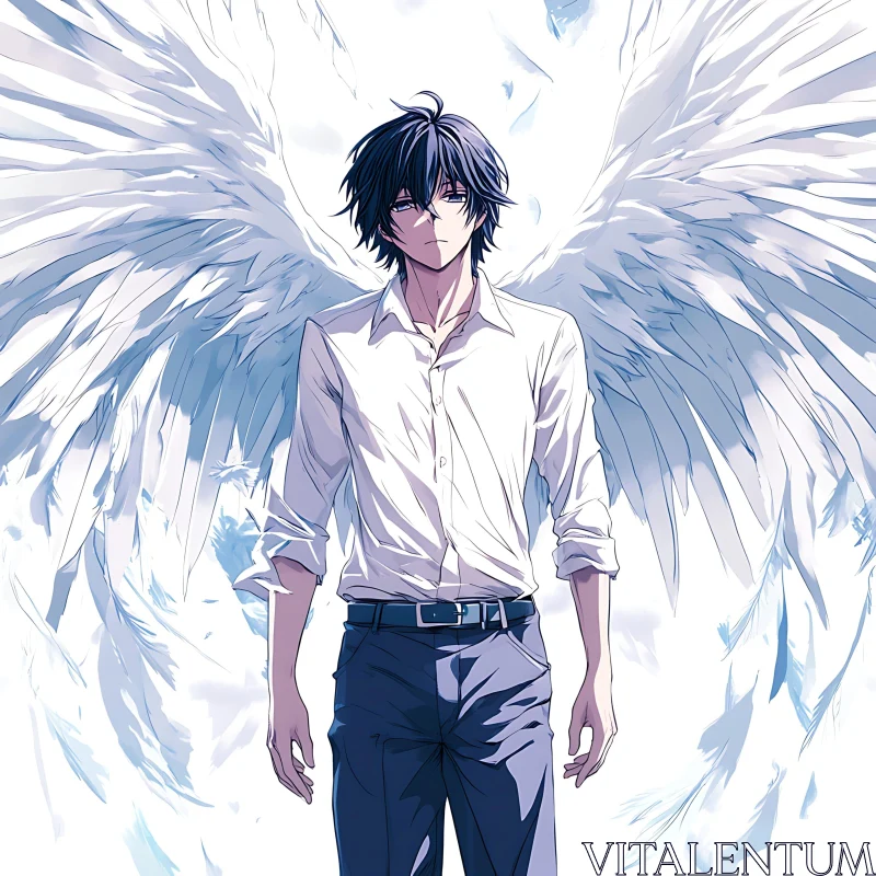 Winged Anime Character in White Shirt AI Image