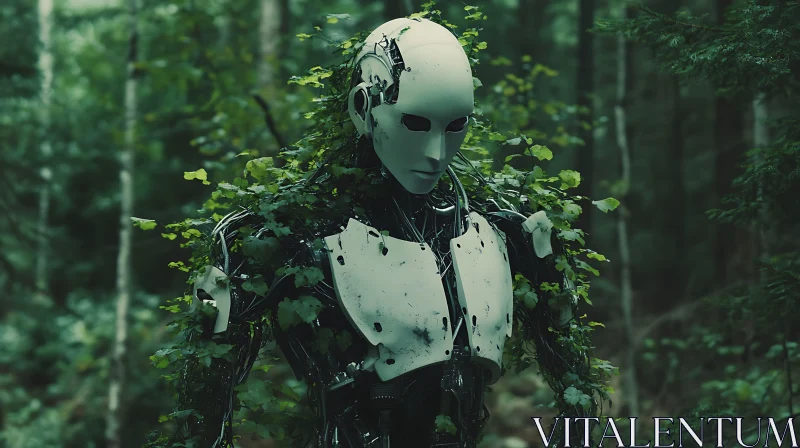 Cyborg in the Wild: Robot with Vegetation in Forest AI Image