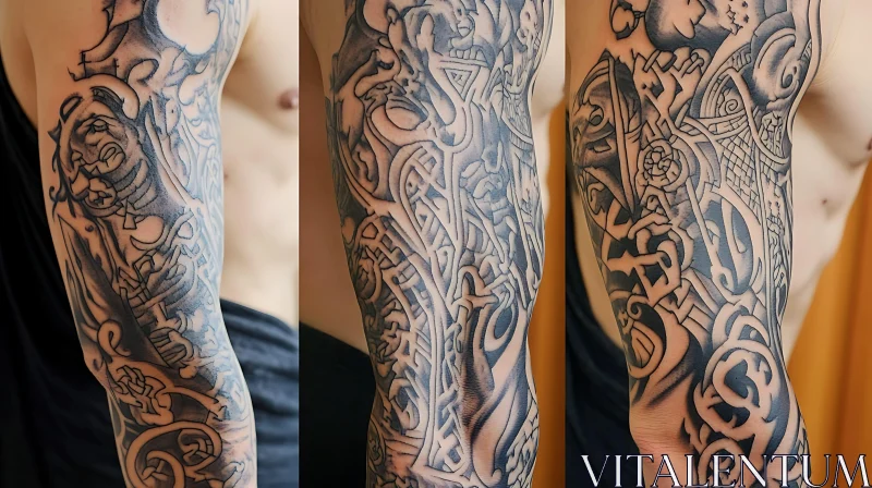 Detailed Arm Sleeve Tattoo in Black Ink AI Image