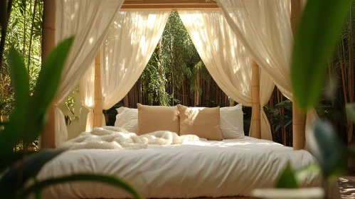 Bamboo Framed Bed with Soft Curtains