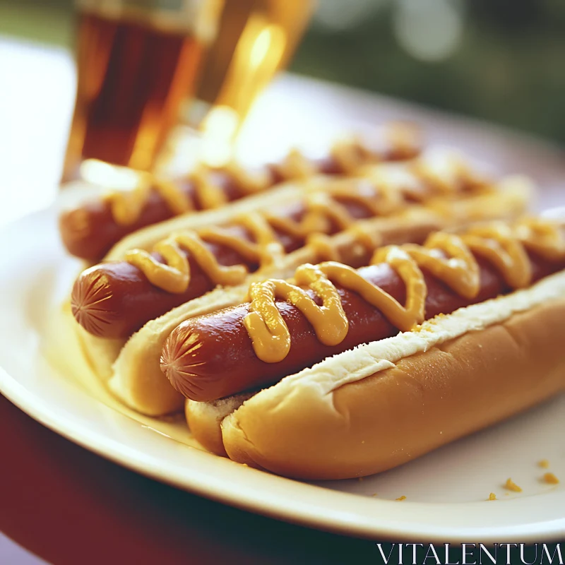 Three Tasty Hotdogs with Mustard Topping AI Image