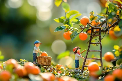 Miniature People Harvesting Fruits