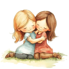 Two Girls Hugging Watercolor Art