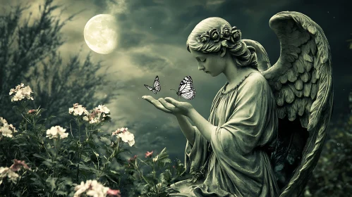 Moonlit Angel Statue with Butterflies