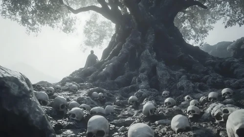 Misty Skull Field Under Ancient Tree