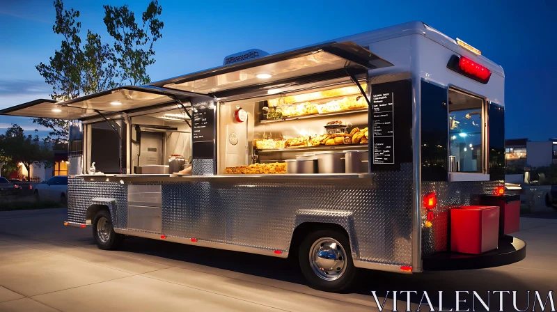 Contemporary Food Truck Lit Up During Evening AI Image