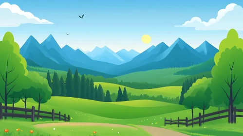 Green Fields and Blue Mountains Landscape