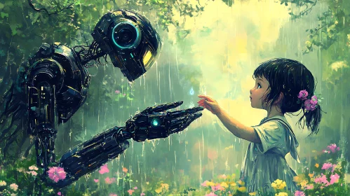 Robot and Girl Reach for Raindrop