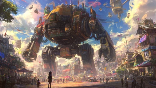 Futuristic Cityscape with Giant Robot