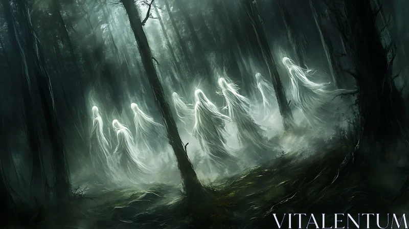 Ghostly Figures in Misty Woods AI Image