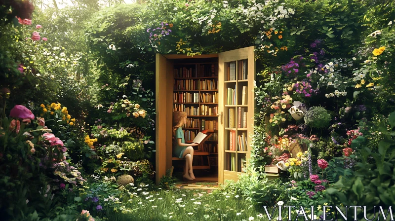 Hidden Library in Floral Garden AI Image