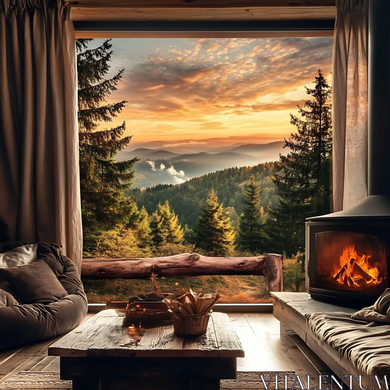 Cozy Cabin Interior with Forest Sunset AI Image