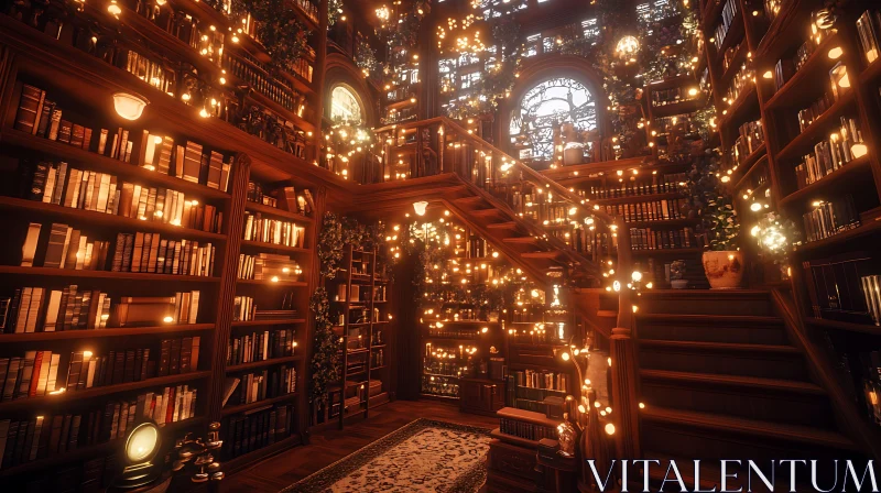 AI ART Illuminated Bookshelves in a Classic Library