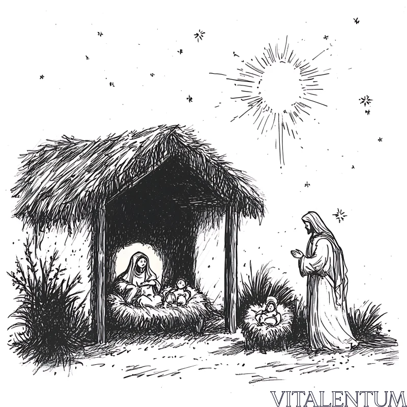 Monochrome Nativity Illustration AI Image