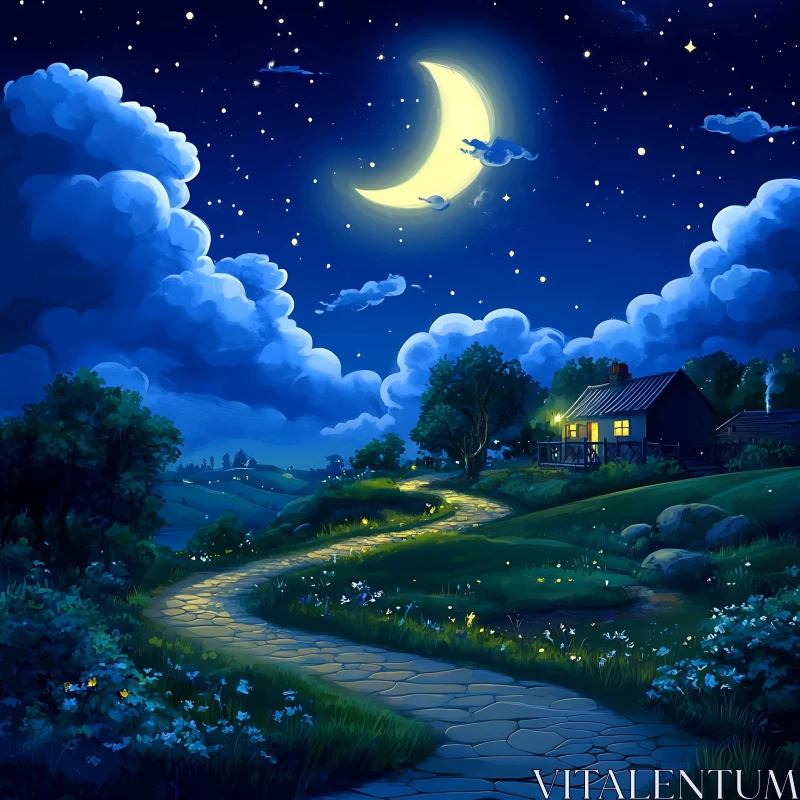 AI ART Night Landscape with Crescent Moon