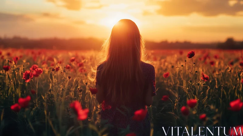 Woman in Poppy Field at Dusk AI Image