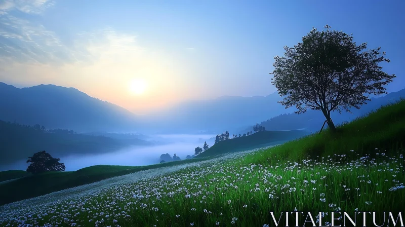 AI ART Misty Morning Landscape with Wildflowers