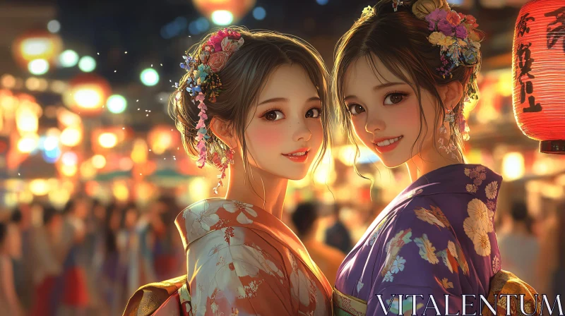 Floral Kimono Portrait: Evening Illumination AI Image