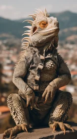Captivating Iguana Portrait in Surreal Post-Apocalyptic City