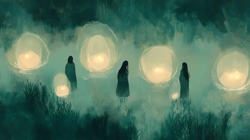 Figures with Lanterns in the Mist