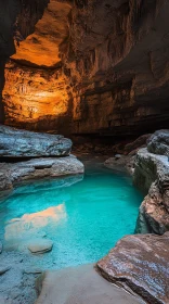 Enchanting Cave with Turquoise Waters and Golden Glow