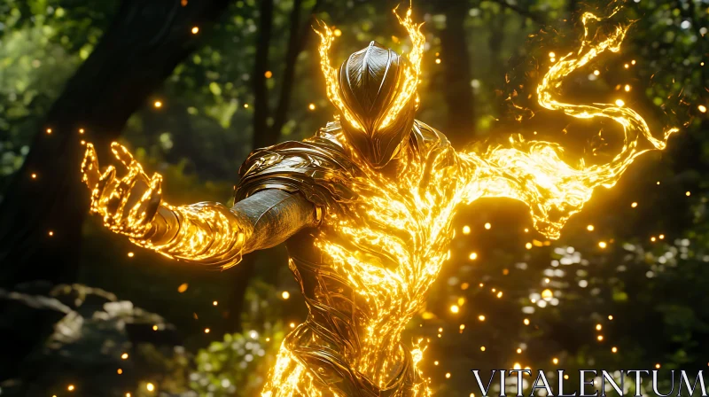 Mystical Golden Warrior in the Woods AI Image