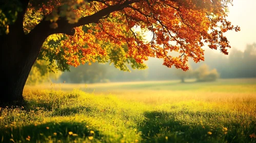 Autumnal Tree Overlooking Sunlit Meadow