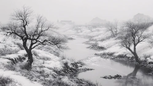 Tranquil Snowy River Scene with Bare Trees