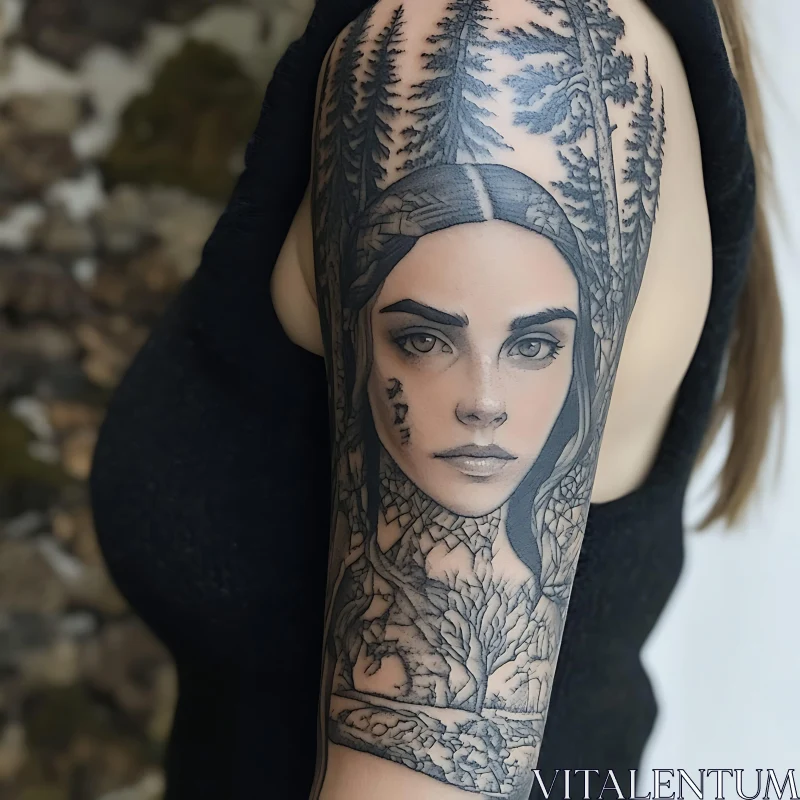 Grayscale Female Portrait Tattoo with Forest Elements AI Image