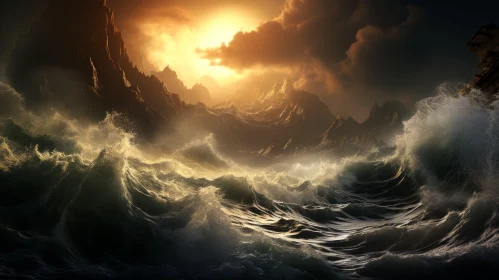 Golden Lit Ocean Waves - An Epic Fantasy Inspired Art
