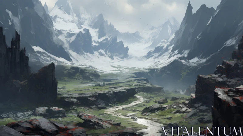 Mountain Landscape: A World of Dwarves in Brushwork AI Image