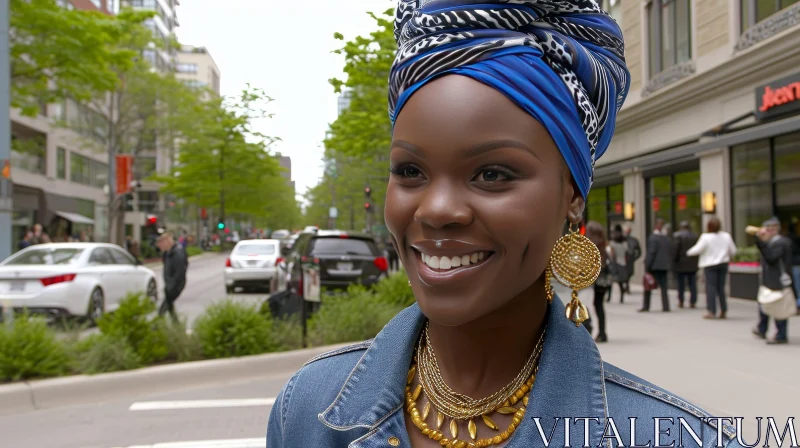 Stylish African-American Woman in Denim Jacket on City Street AI Image