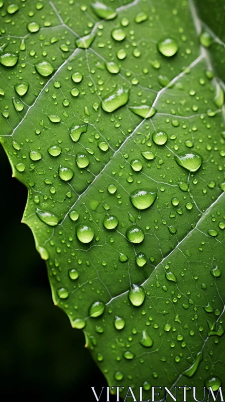 Tropical Symbolism: Macro View of Water Droplets on a Green Leaf AI Image