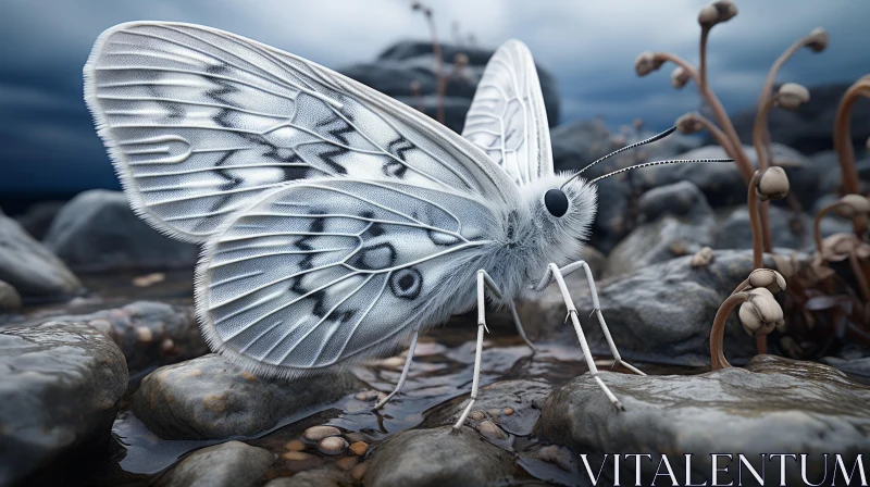 White Butterfly on Rocks: Science Fiction Style Art AI Image