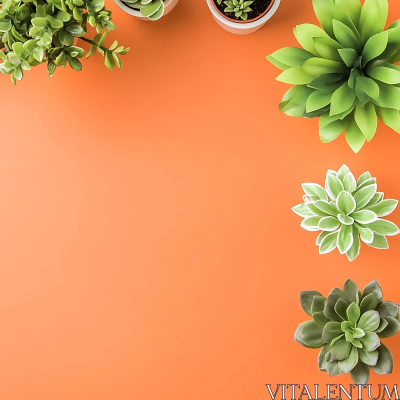 Succulents and Plants on Orange Surface AI Image