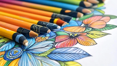 Artistic Arrangement of Colored Pencils on Detailed Floral Sketch